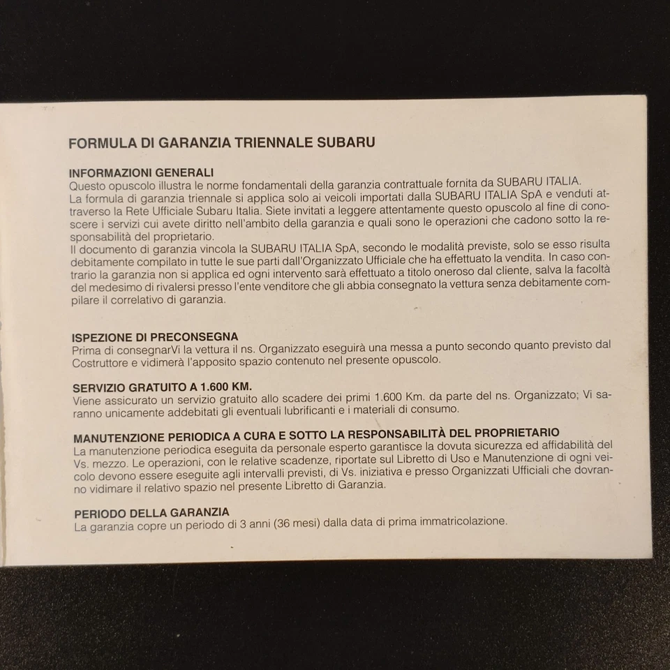 LIBRETTO TAGLIANDI SUBARU IMPREZA 1.6 1999 GARANZIA SERVIZIO ORIGINALE  🔺🔺🔺🔺 - Immagine 2 di 4