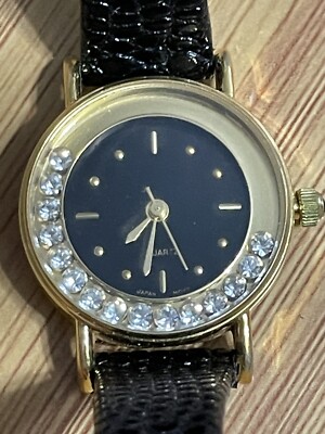 Avon Black and Gold Watch with Crystal Accents Vintage Avon Watch Women 24mm Black Gold Tone Floating  main image 3