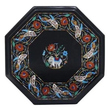 18" black Marble table top semi precious stones art inlay work home decor