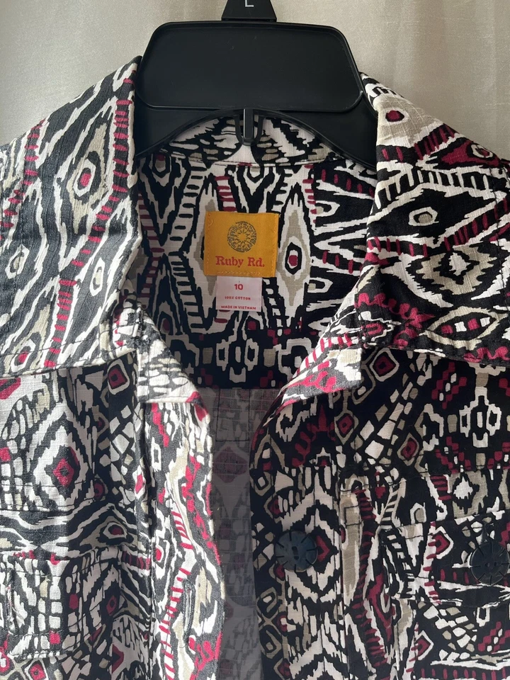 Ruby Rd Women’s Sz 10 Black Multicolor 3/4 Sleeve Button Blazer Button Down - Image 2 of 3