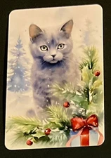 (2Z) Modern Playing card of a cat in the snow with holly