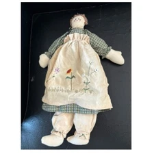 Vintage Folk Art Rag Doll Plush Toy Green Plaid Dress Floral Apron Collectible