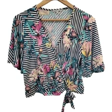 Charlotte Russe Y2K Crop Top Blouse Womens Medium Black Striped Floral Tie Boho