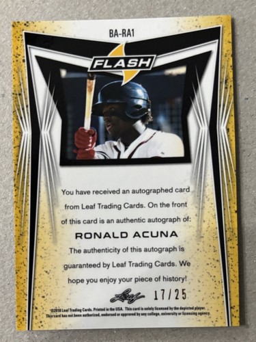 2018 LEAF PURPLE FLASH #BARA1 RONALD ACUNA JR AUTO AUTOGRAPH #’D 17/25 - Picture 2 of 2