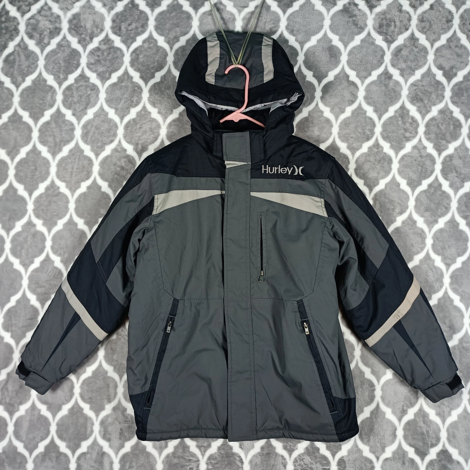 Hurley Boys Snow Jacket Medium Gray Black Hooded Insulated Youth Tween