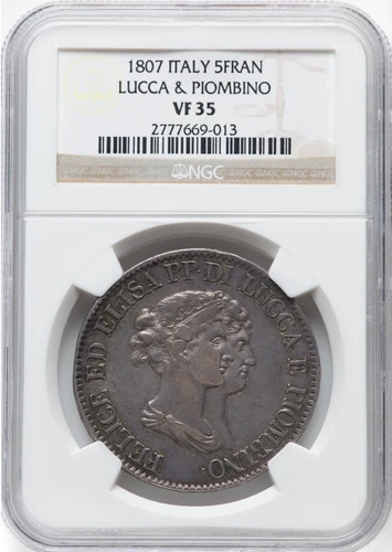 ITALY ITALIAN STATES LUCCA & PIOMBINO  1807  5 FRANCHI COIN, NGC CERTIFIED VF35