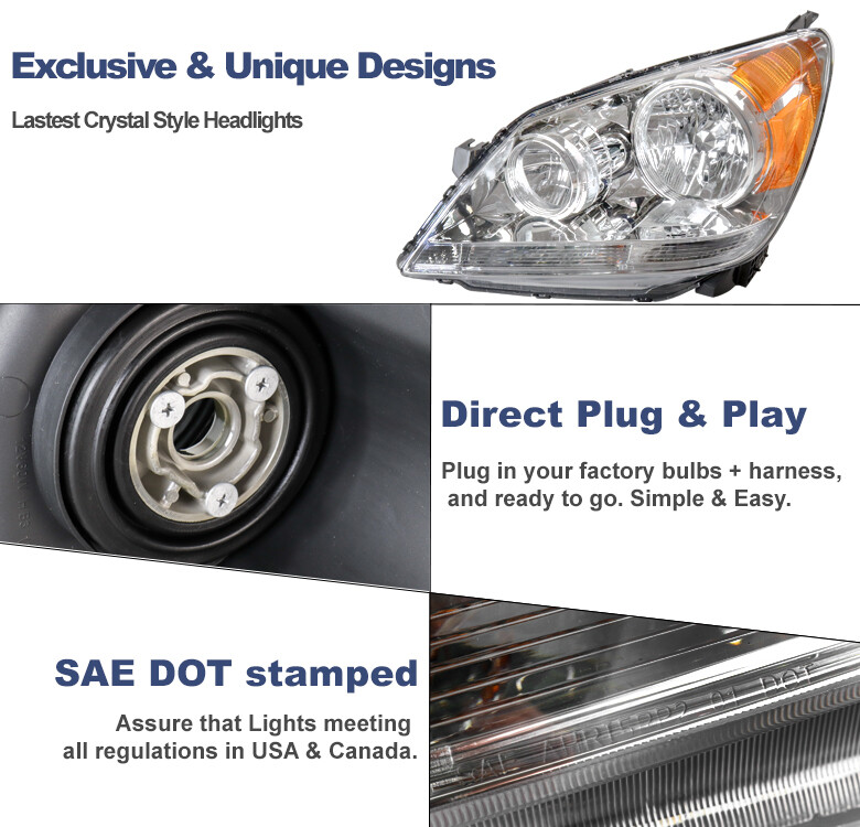 For 08 09 10 Honda Odyssey Minivan Replacement Headlights Lamp Chrome w