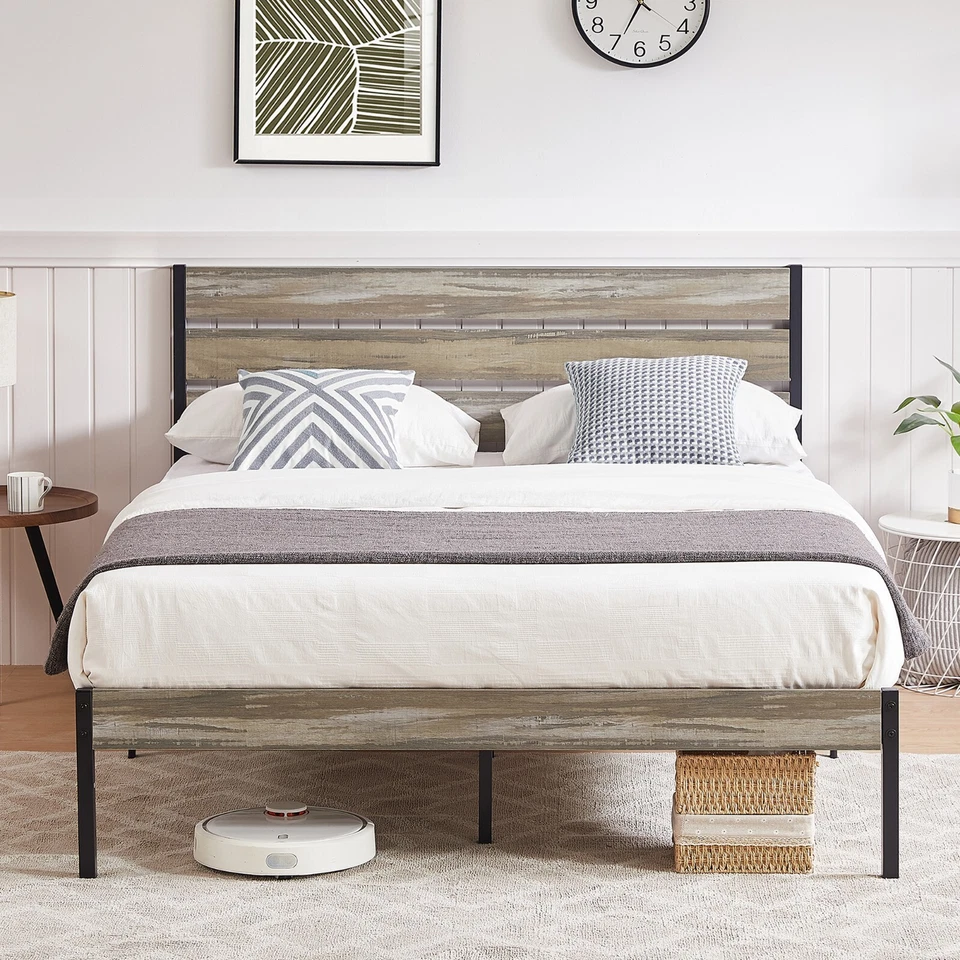 Marco de cama tamaño queen plataforma metálica de madera de alta resistencia con cabecero estribo Foto 2 de 4