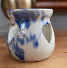 John Garrou Art Pottery Candle Votive Old Fort NC Blue Off White Hearts 1987
