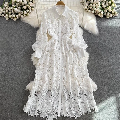 Damen Spitzen Blumen Aushöhlen Kleid Midi Elegant Party Lang Puffärmel Kleid - Bild 2 von 24