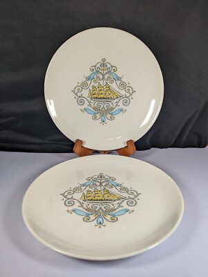 Vintage Canonsburg Pottery Stanhome Voyager Dinner Plates Set of 2 Tall Ship