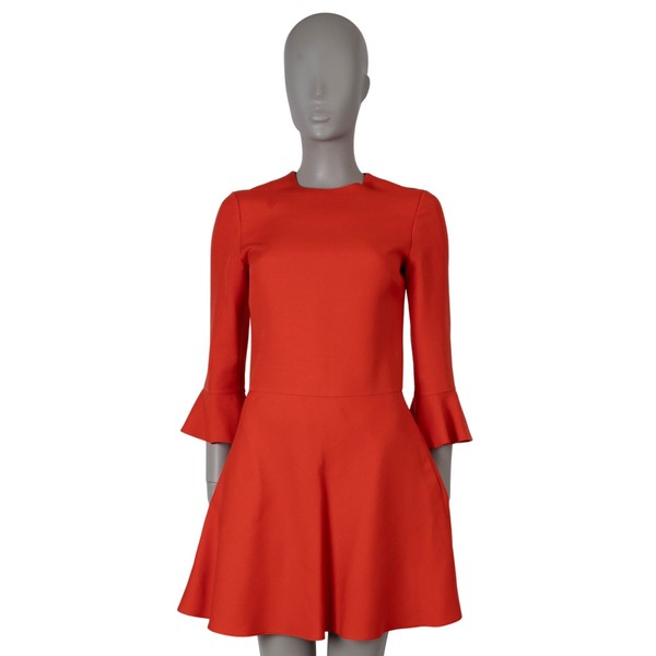 70730 auth VALENTINO coral red wool  silk 2018 BELL SLEEVE CREPE Dress XS