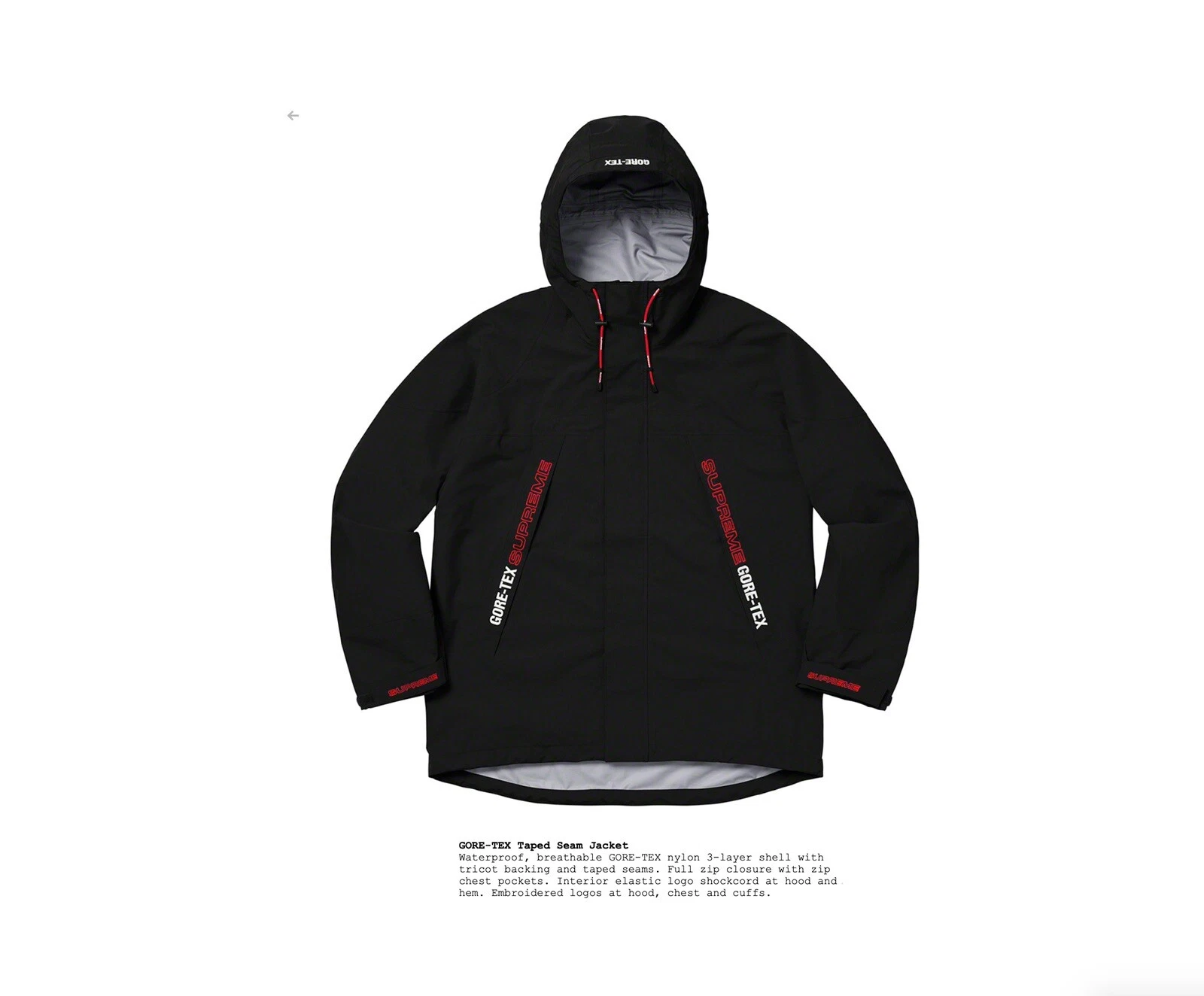 VESTE SUPREME GORE TEX COUTURE RUBAN SS19 NOIRE NEUVE   LARGE