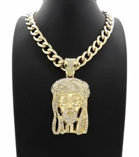 ICED HIP HOP JESUS HEAD PENDANT & 11mm 20" CUBAN CHOKER CHAIN BLING NECKLACE