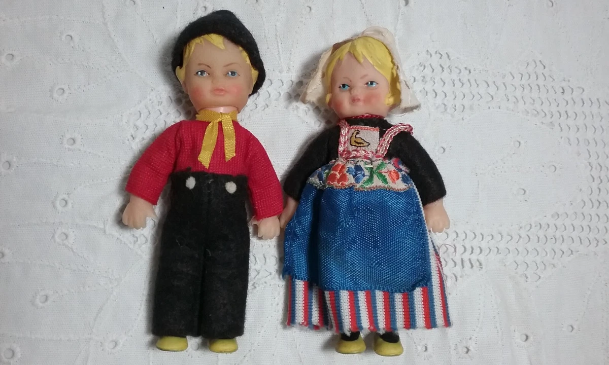 Vintage Soft Rubber Dolls Dutch Girl Boy Felt Clothing 5