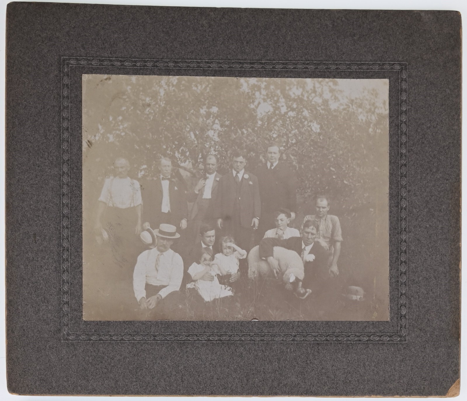 CIRCA 1900s MOUNTED BOARD PHOTO LARGE FAMILY FEEDING A SHEEP — additional view