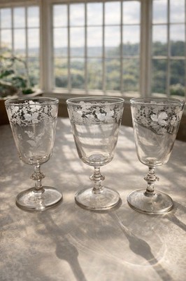 Viktorianische Weingläser mit Gravur um 1880, floral geätzt, C.K. & A.E.