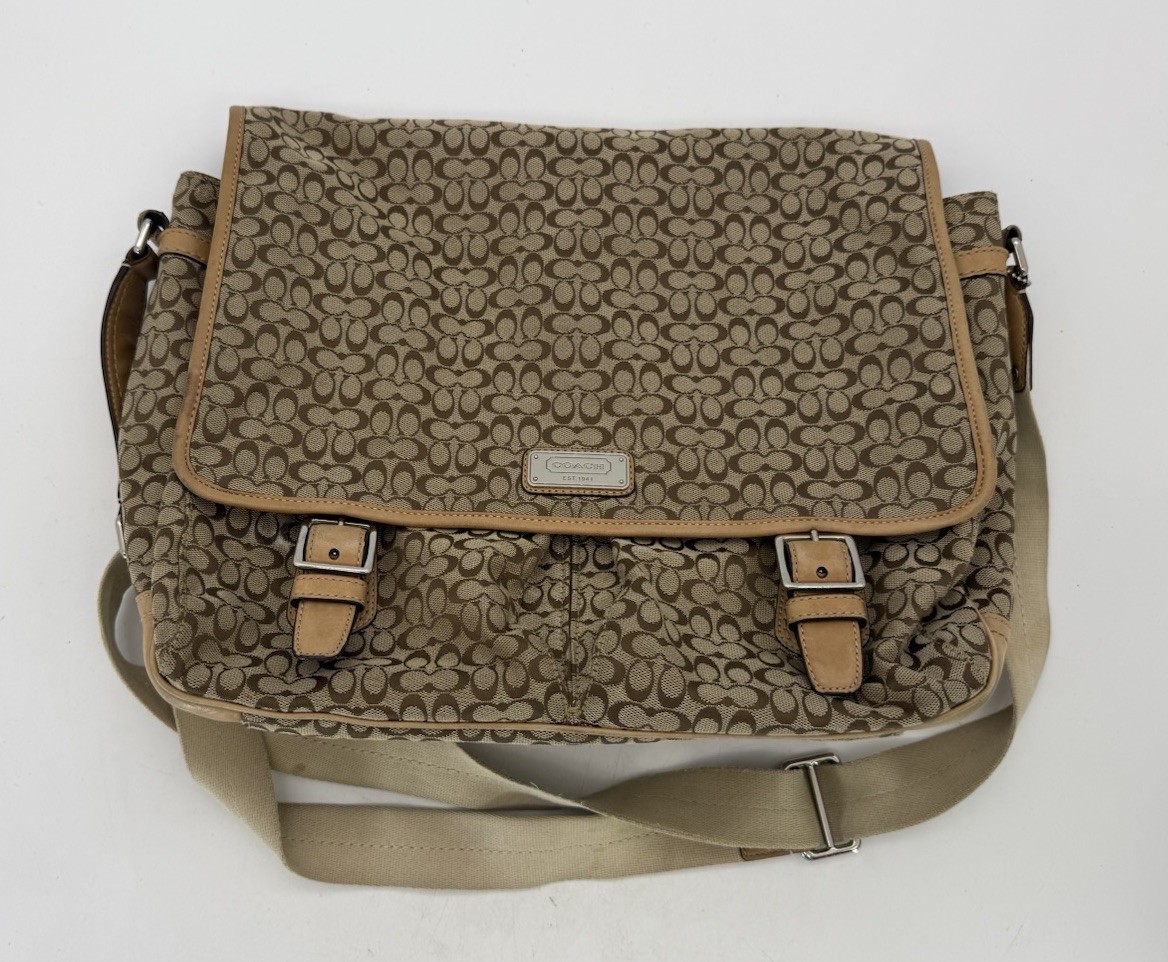 バッグ COACH Messenger Bag F70293 Coach Signature Messenger Bag Large Satchel Beige Canvas