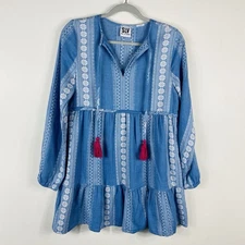 Sur La Vague Embroidered Long Sleeve Boho Tunic Dress Blue 100% Cotton