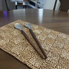 Mid Century Modern Stainless Steel & Wood Salad Servers Japan Fork Spoon