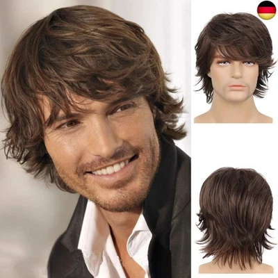 BEWEIG Perücke Herren Braun Kurz Haare Layered Wave Perücken mit Pony Synthetische C