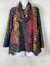 Ali Miles Top Womens Petite PM Red Blue Long Sleeve Quilted Tiered Art NWOT