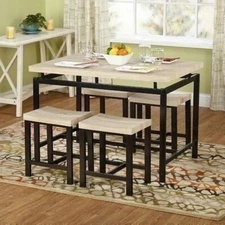 Natural Black Metal 5 pc Dining Set 4 Chairs Table Kitchen Nook Wooden Dinette