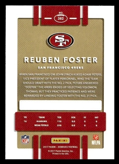 2017 Donruss #382 Reuben Foster Rookie 49ers Press Proof Red - Image 2 of 2