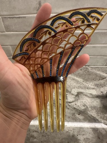 Antique Vintage Art Deco Celluloid Hair Combs With Blue Rhinestones Beautiful - Picture 8 of 8