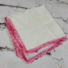 Vintage Handkerchief Hanky Sheer White Pink Handed Tatted Crochet Trim 12  Sqr
