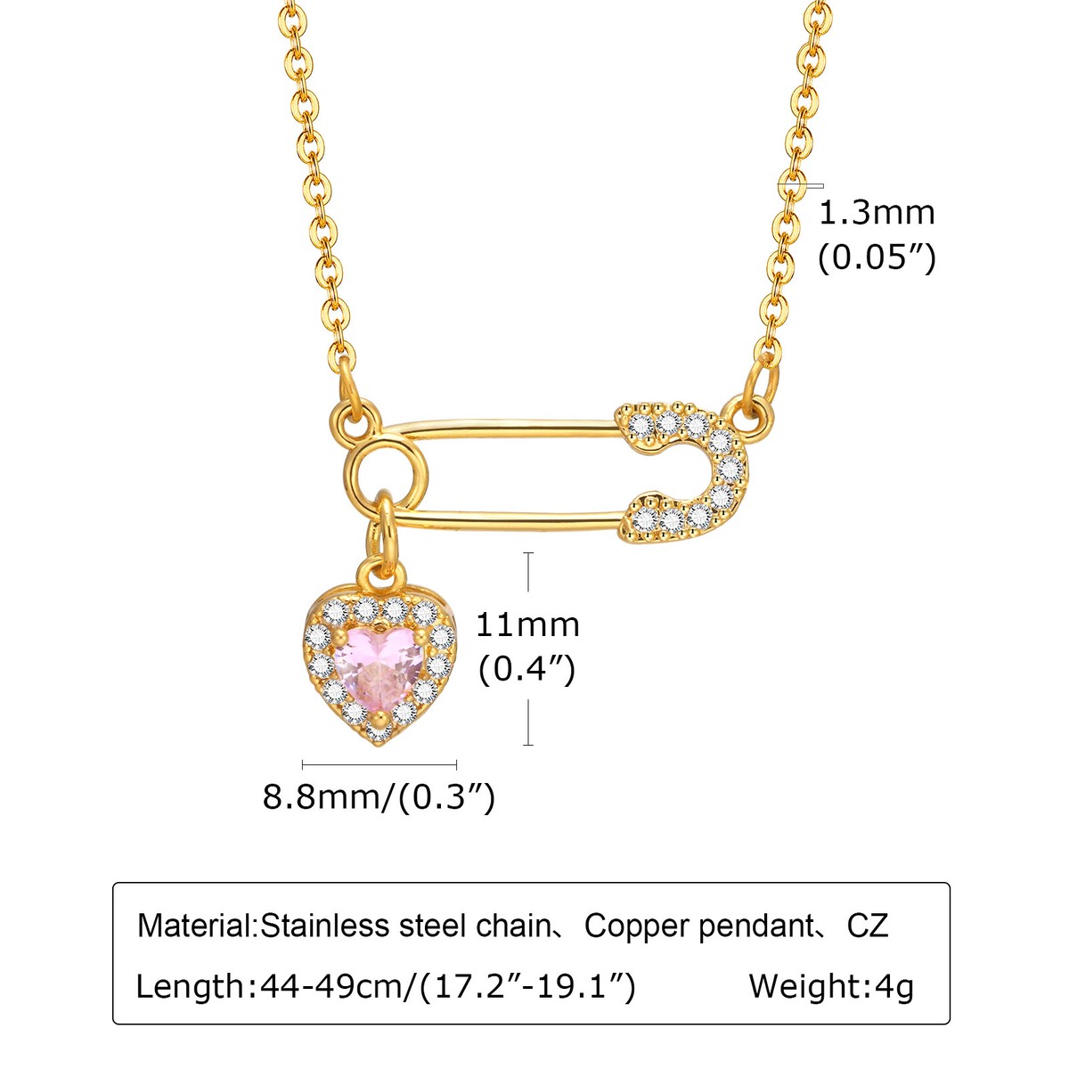 Gold Safety Pin Pendant Necklace with Cubic Zirconia