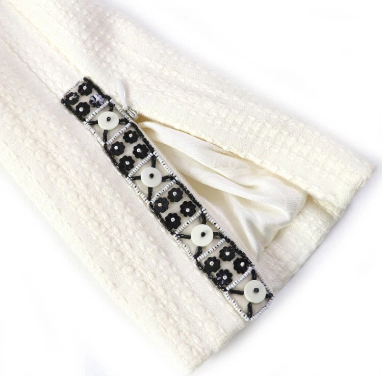 Giacca CHANEL senza colletto perline bianco cotone lino donna taglia 34 Francia