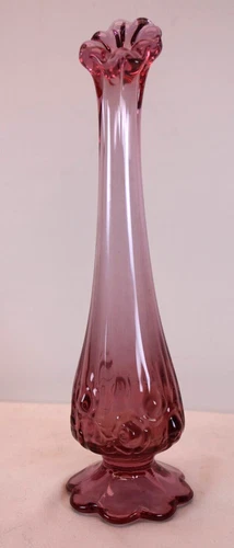 VTG Fenton Art Glass 10" Bud Vase Cranberry Ruffled top/base 3-D Roses