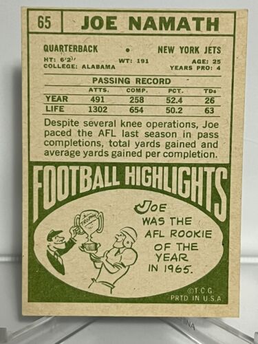 1968 Topps Football #65 Joe Namath New York Jets HOF - Picture 2 of 2