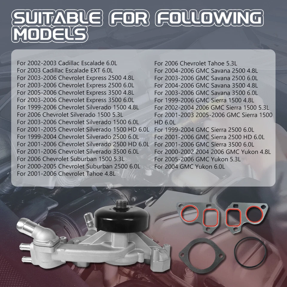 Water Pump + Thermostat for 2001-2006 GMC Sierra 2500 HD & 3500 6.0L 130-7340 Foto 3 de 4