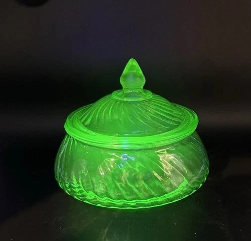 Green Uranium Depression Glass Candy Dish W/ Lid Swirl Pattern Glows