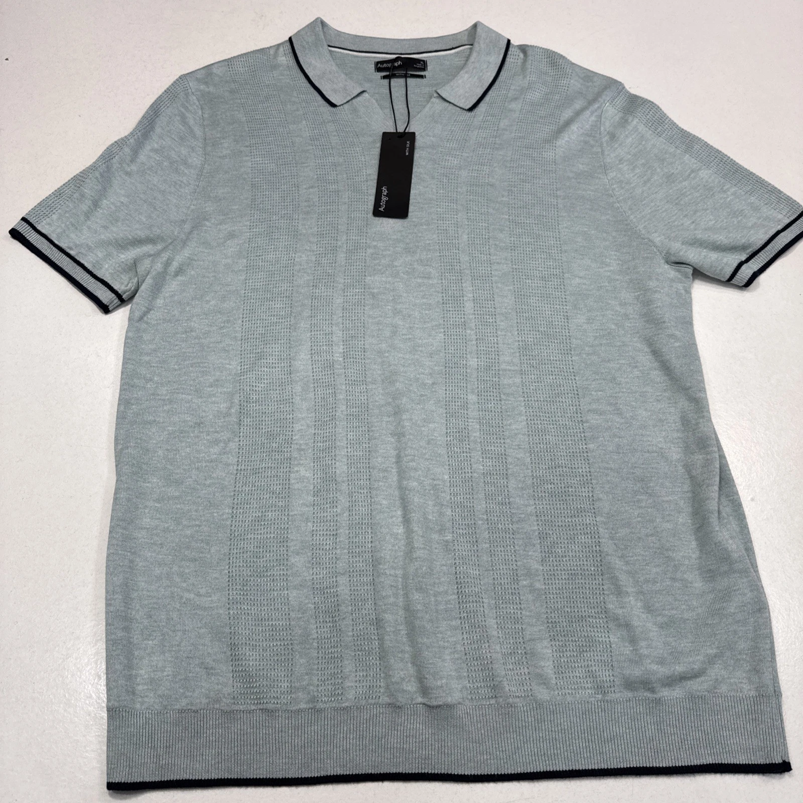 M&S Autograph Men’s Sage Green Fine Knit Polo Shirt – Silk Blend Size XL (44–46)