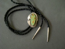 Native American Pale Green Turquoise Golden Matrix Sterl Silver Bolo Tie Signed