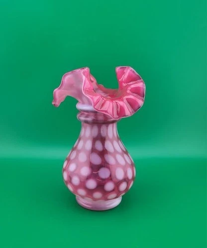 Vintage Fenton Cranberry Opalescent Coin Dot Ruffled Vase art Glass