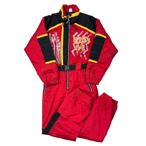 Vintage Ski Suit One Piece 90s Retro Colour Block Red Black Yellow Kids 164cm - Picture 1 of 7