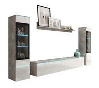 Wohnwand Vera Anbauwand 4-Teilig Beton Weiß Hochglanz Grifflos