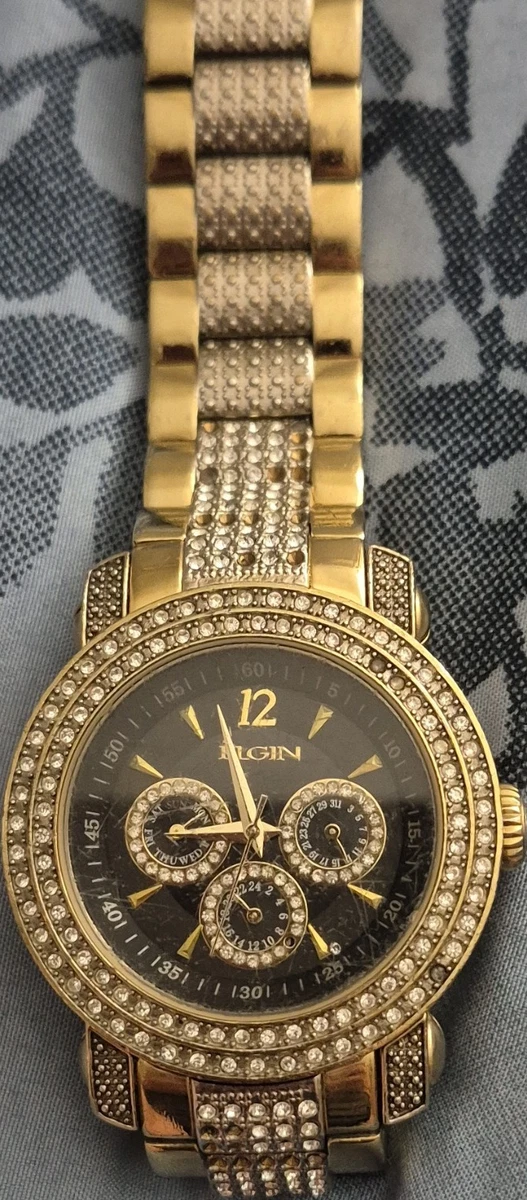 Elgin Women\'s Watch 26MM Black Gold Dial Gold Bracelet Band Up to 7\