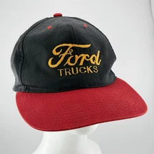 Vintage Ford Trucks Snapback Trucker Hat Black Red Gold Script Embroidery K