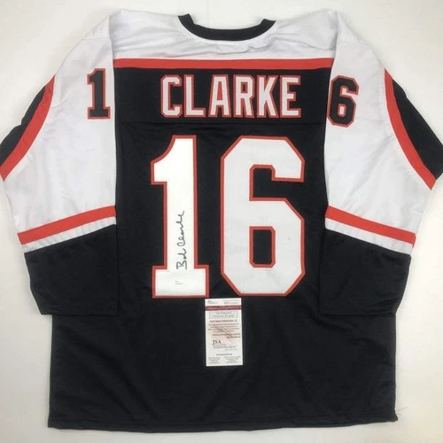 Autographed/Signed Bob Bobby Clarke Philadelphia Black Hockey Jersey JSA COA