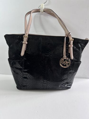 Michael Kors Shoulder Tote Bag Python Snake Embossed Zip Closure Black - 第 1/21 張圖片