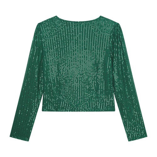 Womens Glitter Sequin Open Front Long Sleeve Cardigan Jacket Cropped Bomber - Picture 96 of 105