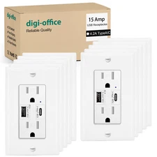 10 Pack Wall Electrical Outlet Receptacle with Type C USB Smart Charger Panel