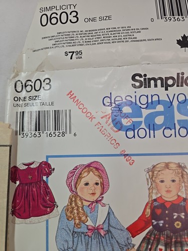 Simplicity Easy 0603 DOLL Bodice Dress Skirt Vest Pantaloon 18" Pattern UNCUT - Picture 5 of 6