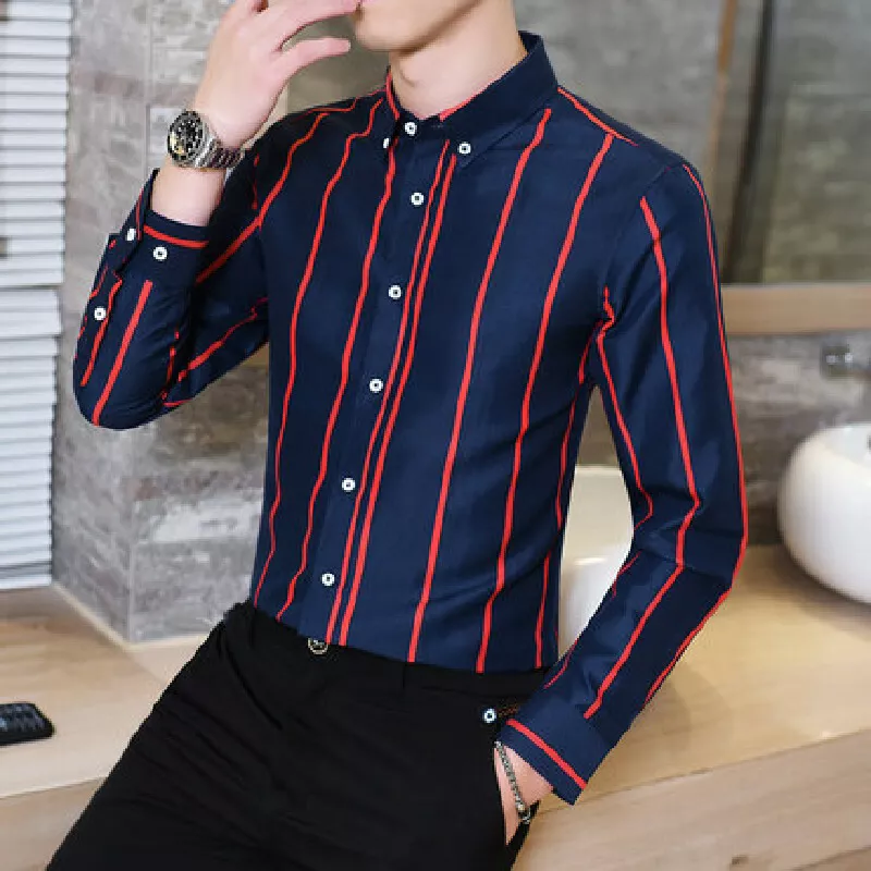 Mens Full Sleeves Slim Fit Casual Stripe Shirt