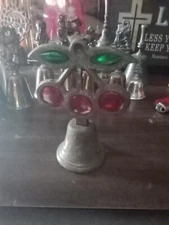 1950's Cherries Small Dinner Bell Stained Glass Cast Iron Green Leaves 4.5" Tall